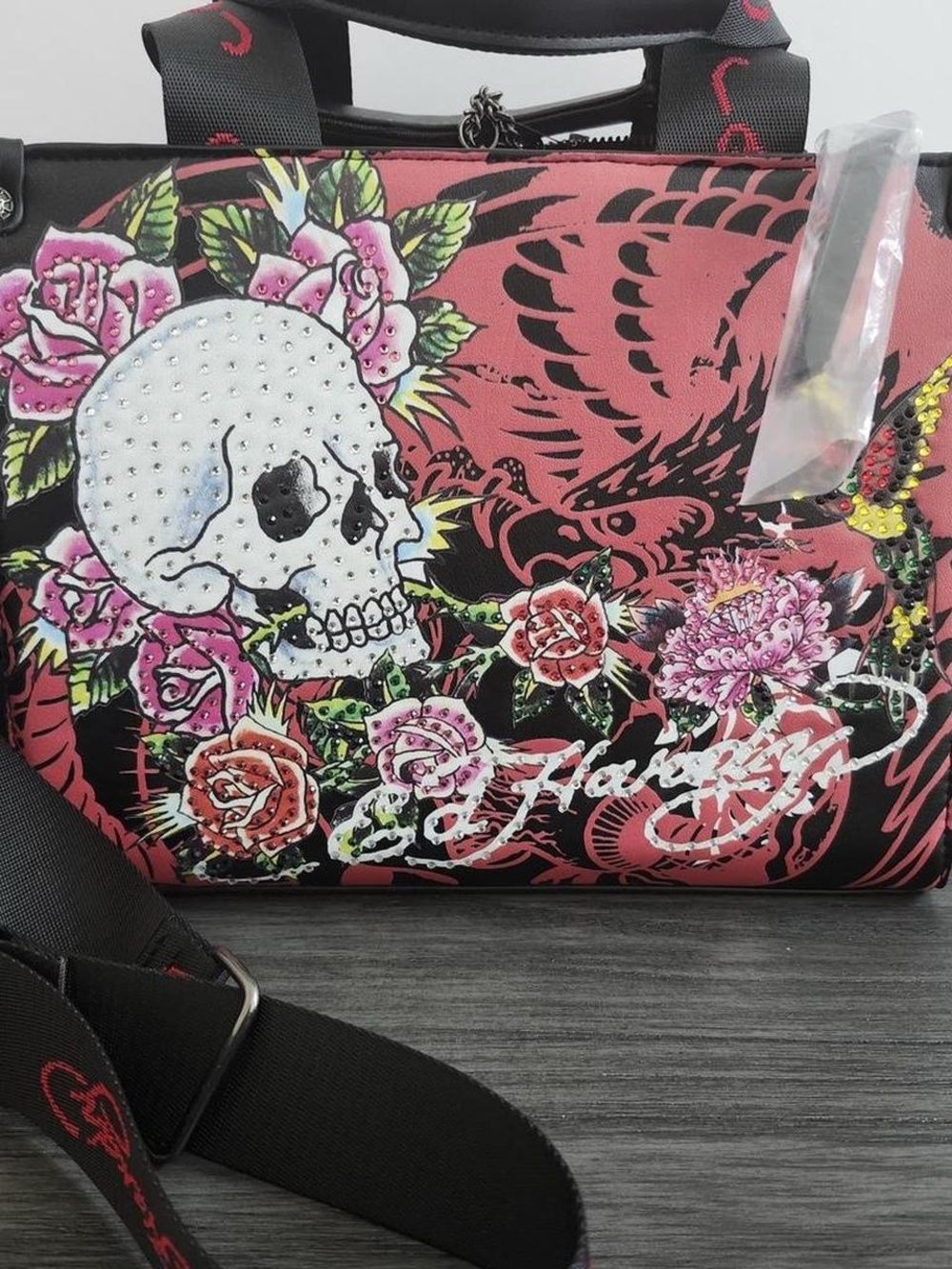 Ed Hardy Pink and Black Floral Skull Satchel with Stud Embellishments